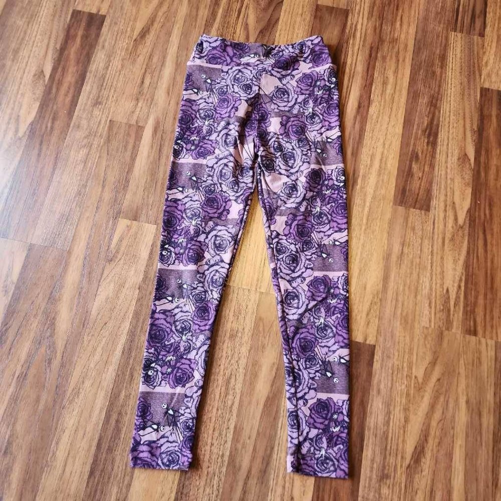 Lularoe Womens Halloween Leggings Purple Jack Skellington Roses Stretch TWEEN